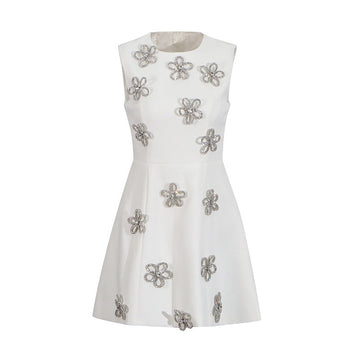 Elegant Wind Vest Dress 2025 Summer New Round Neck Nail Diamond Flowers Solid Color Short Dress Dress Woman